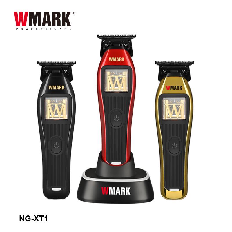 A set of WMARK NG-XT1 Maglev Motor High Speed Hair Trimmers in black, red, and gold colors, displayed with a charging base and various accessories such as guide combs, lubricating oil, cleaning brush, USB charging cable, and a gift box.