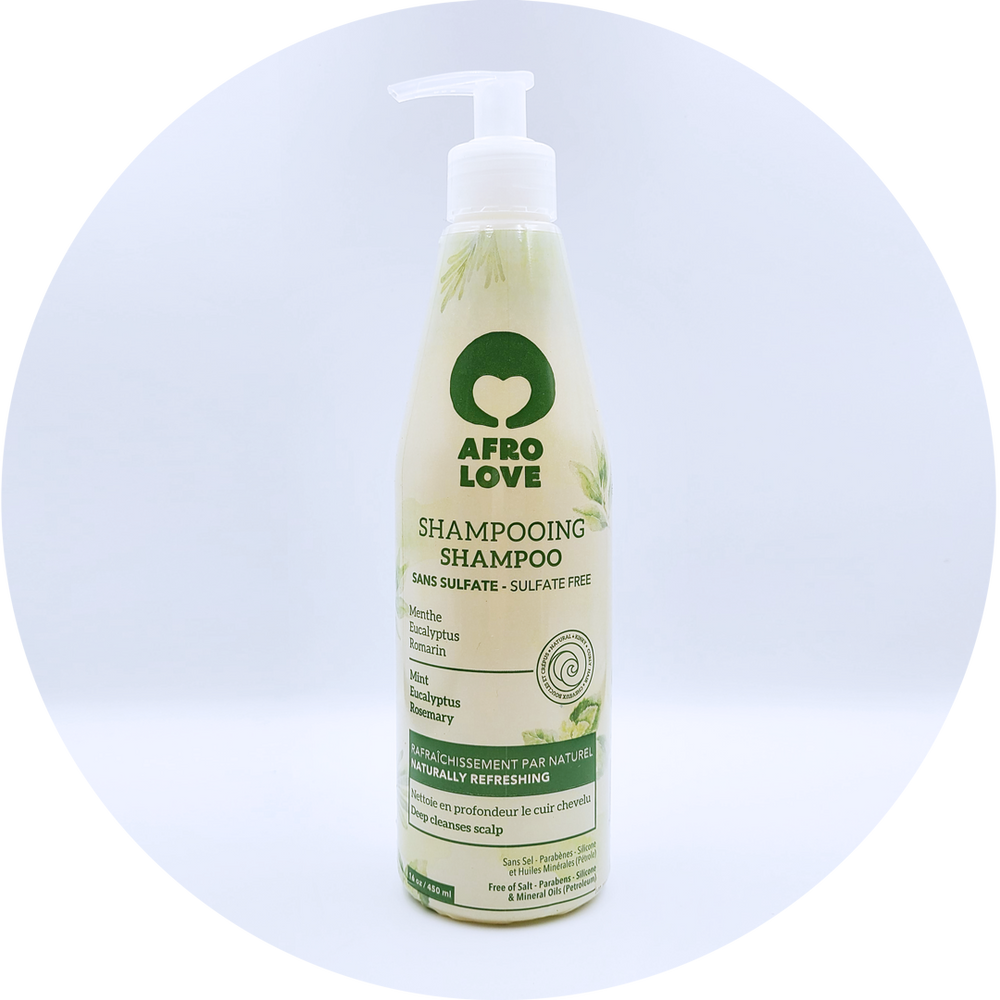 Afro Love Mint Shampoo bottle front view, 16 oz bottle