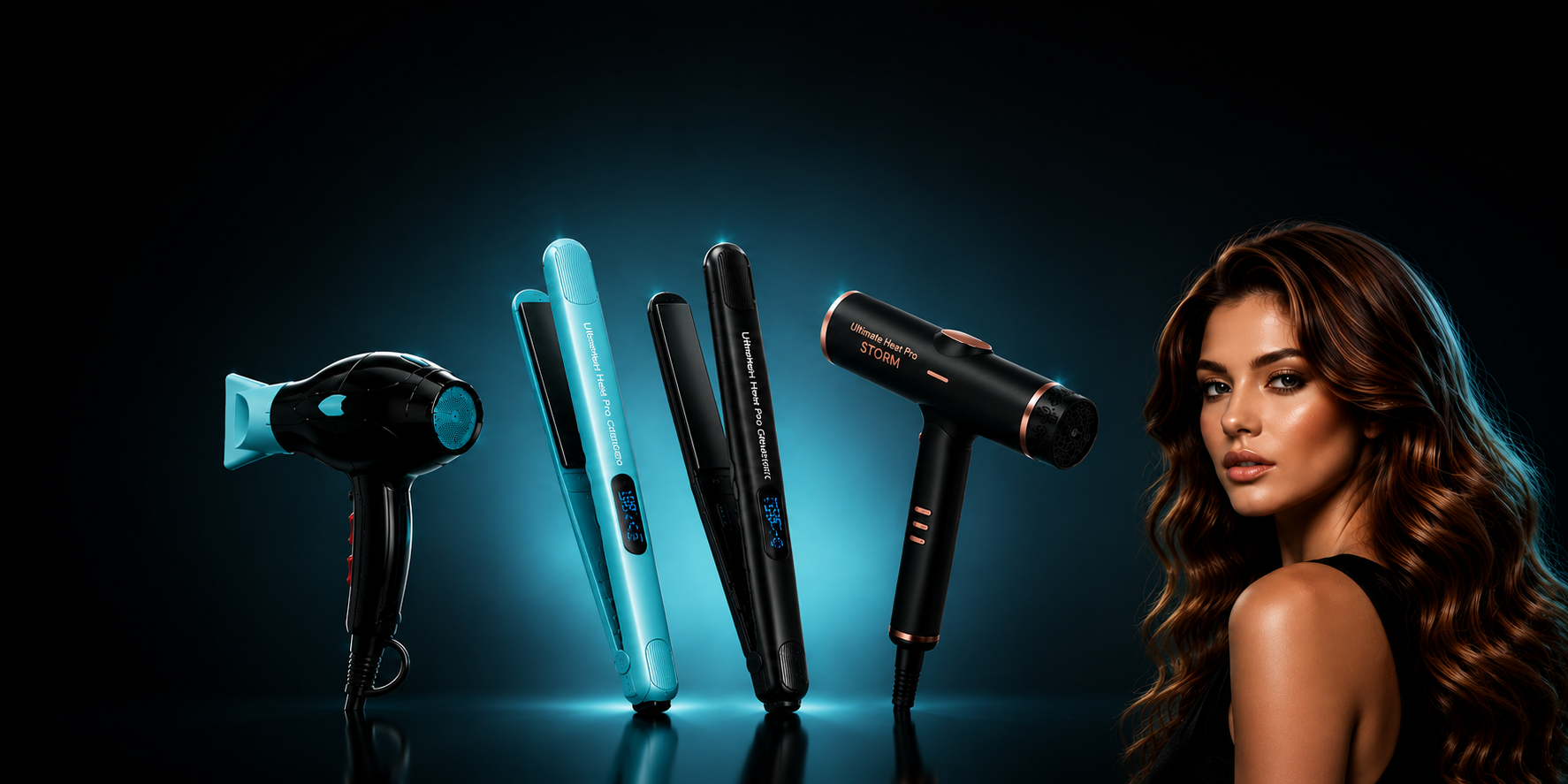 Professional hair styling tools from the Ultimate Heat Pro collection, including the Tiifun blow dryer, Cielo and Graphite flat irons, and Storm high-speed dryer alongside a model with healthy, salon-quality styled hair.