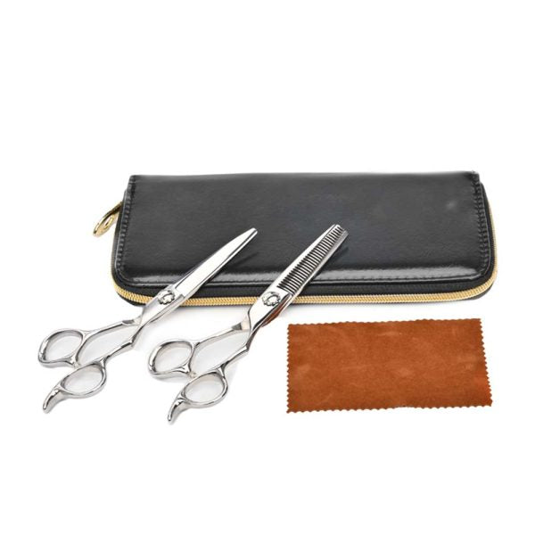 WMARK NG-PS005 6 inch scissors set with cutting shear, thinning shear, cleaning cloth, and pouch