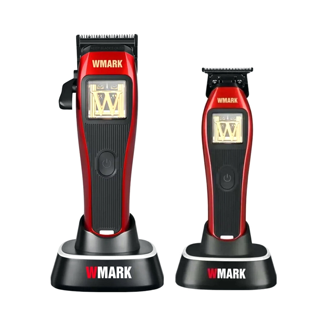 WMARK NG-X1 hair clipper and NG-XT1 trimmer combo set on charging docks – professional cordless barber tools with red and black finish, gold motor window, and magnetic power system