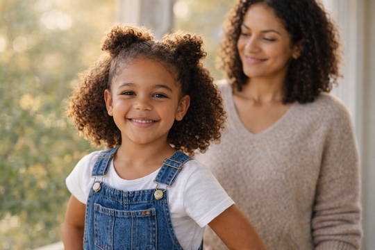 Young girl with healthy curly hair smiling confidently after textured hair care training with her parent.