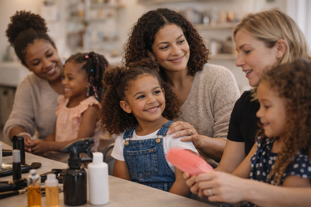 Parents and children participating in a hands-on textured hair care workshop, learning techniques for managing curly and multiracial hair in a group setting.