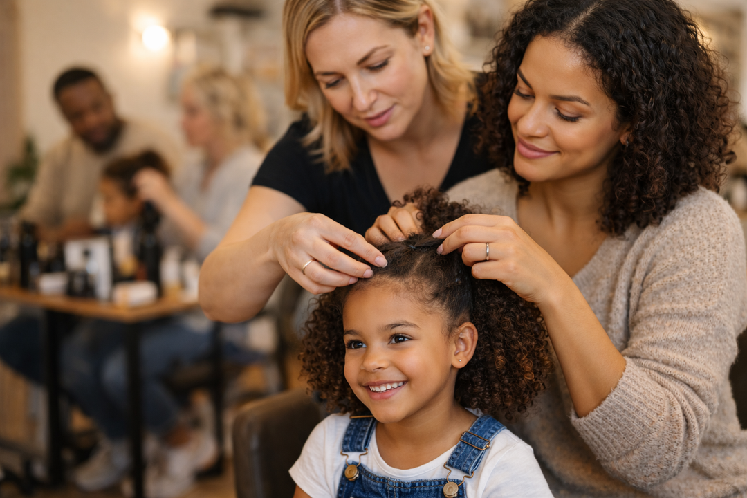 Parent receiving hands-on guidance from a professional instructor while styling a child’s curly hair in a salon setting.