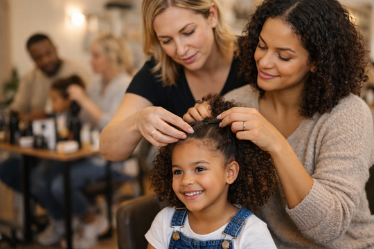Parent receiving hands-on guidance from a professional instructor while styling a child’s curly hair in a salon setting.