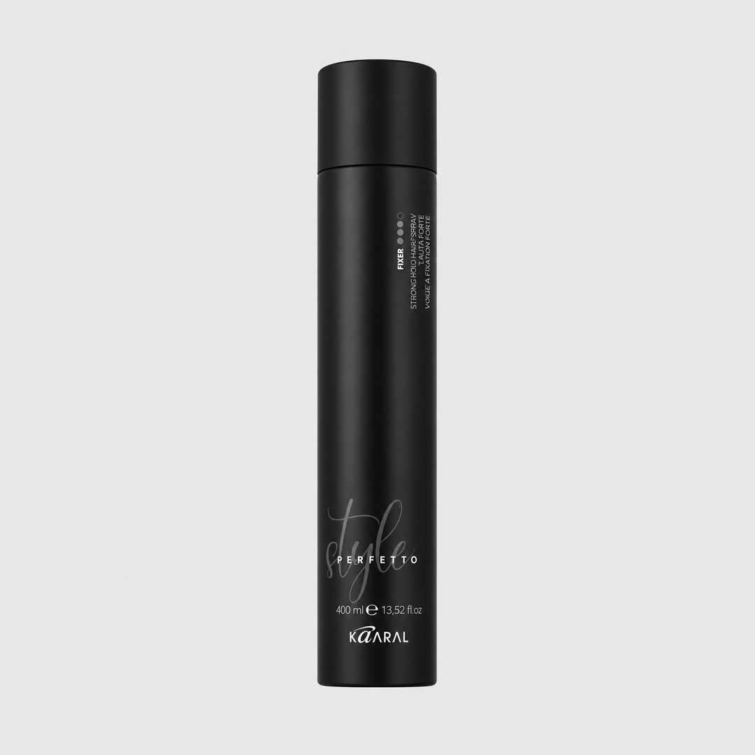 Kaaral Style Perfetto Fixer Strong Hold Finishing Spray – 400 ml for securing hairstyles with strong hold and a long-lasting finish.