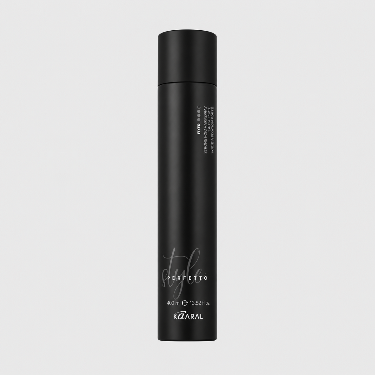Kaaral Style Perfetto Fixer Strong Hold Finishing Spray – 400 ml for securing hairstyles with strong hold and a long-lasting finish.