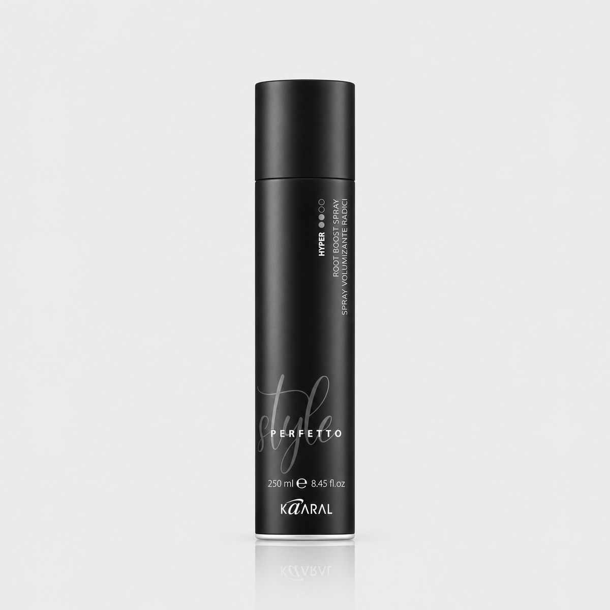 Kaaral Style Perfetto Hyper Root Boost Spray Medium Hold – 250 ml for adding root lift, volume, and medium-hold support to styled hair.