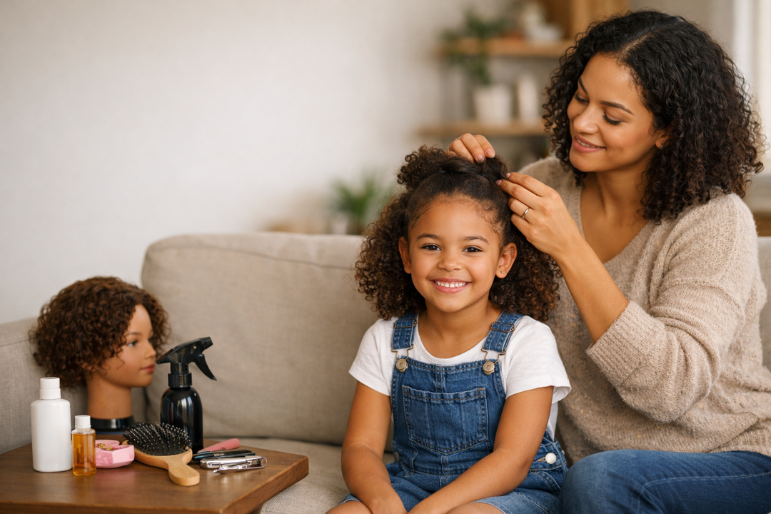 Mother styling her child’s curly hair at home using techniques learned from a textured hair care workshop.
