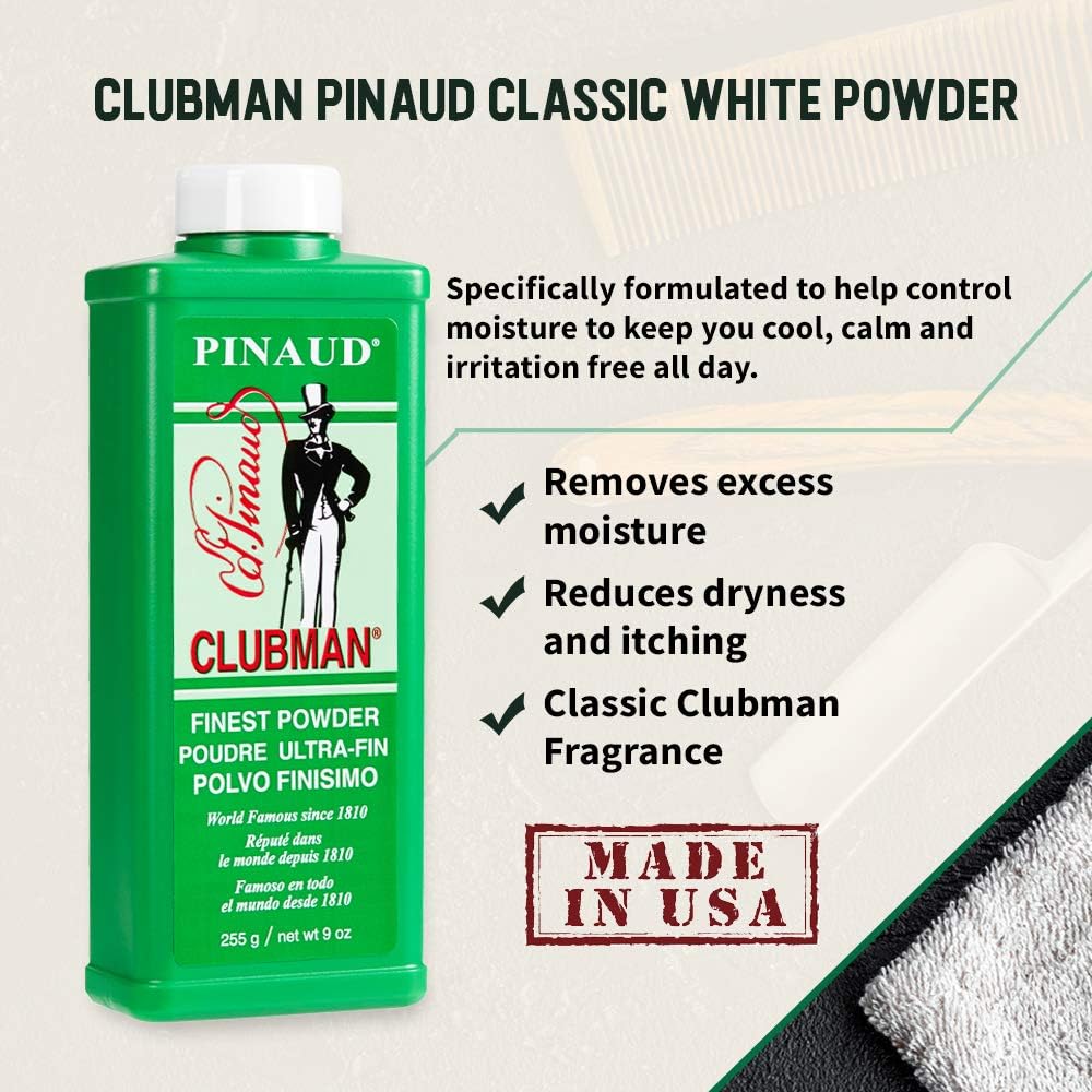 Pinaud Clubman Finest Powder – White | 255 g / 9 oz Talc-Free Body Powder