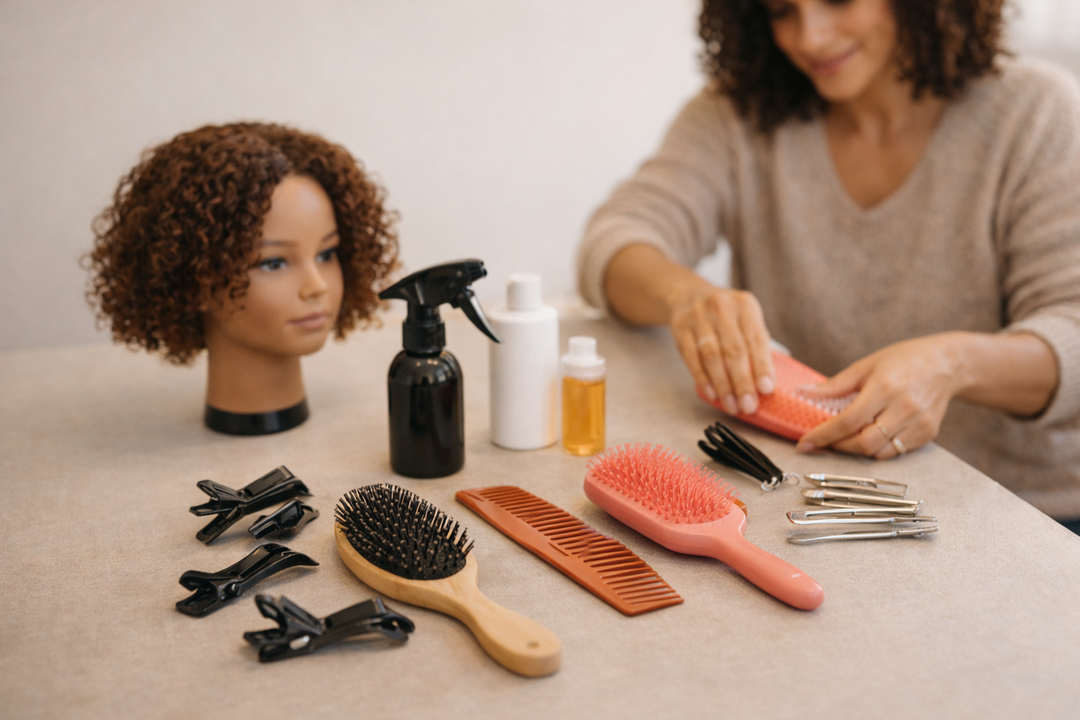 Hair care tools and mannequin head used in a textured hair care workshop for parents learning hands-on techniques.