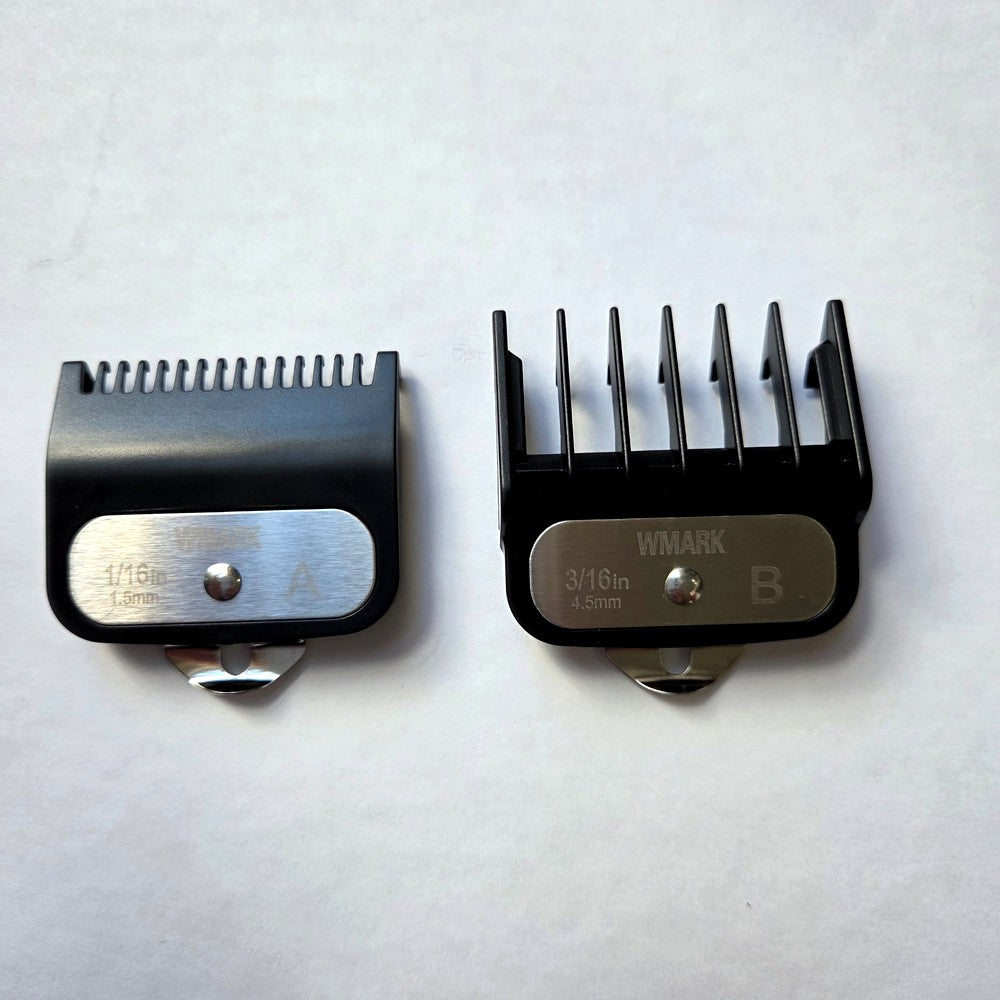 WMARK B61-GC001 guide comb set front view – 1.5 mm and 4.5 mm clipper guards with metal clip