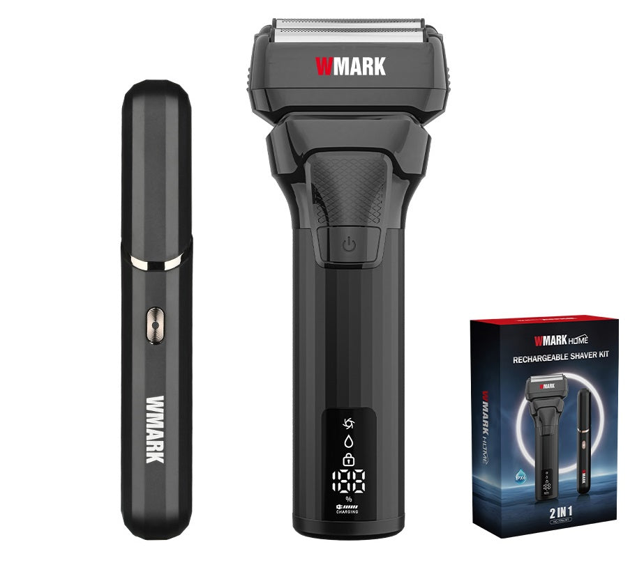 WMARK HOME NG-7984KIT rechargeable shaver kit with two floating heads and black finish.