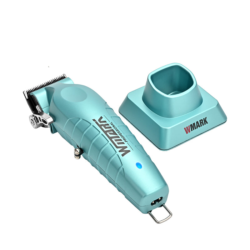 WMARK NG-133 Clipper – Teal (Blue/Green Aqua) laying flat with charging stand, cordless professional clipper.