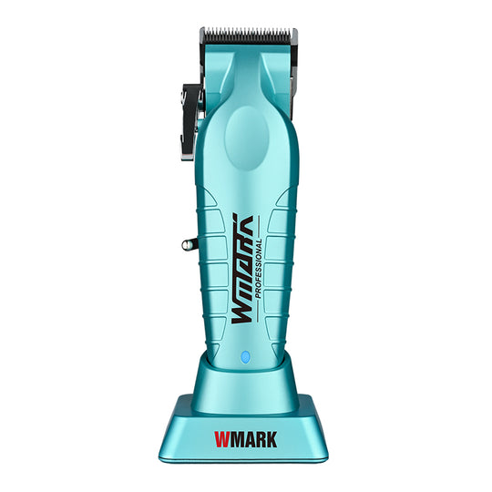 WMARK NG-133 Professional Clipper – Teal (Blue/Green Aqua) front view on charging stand.