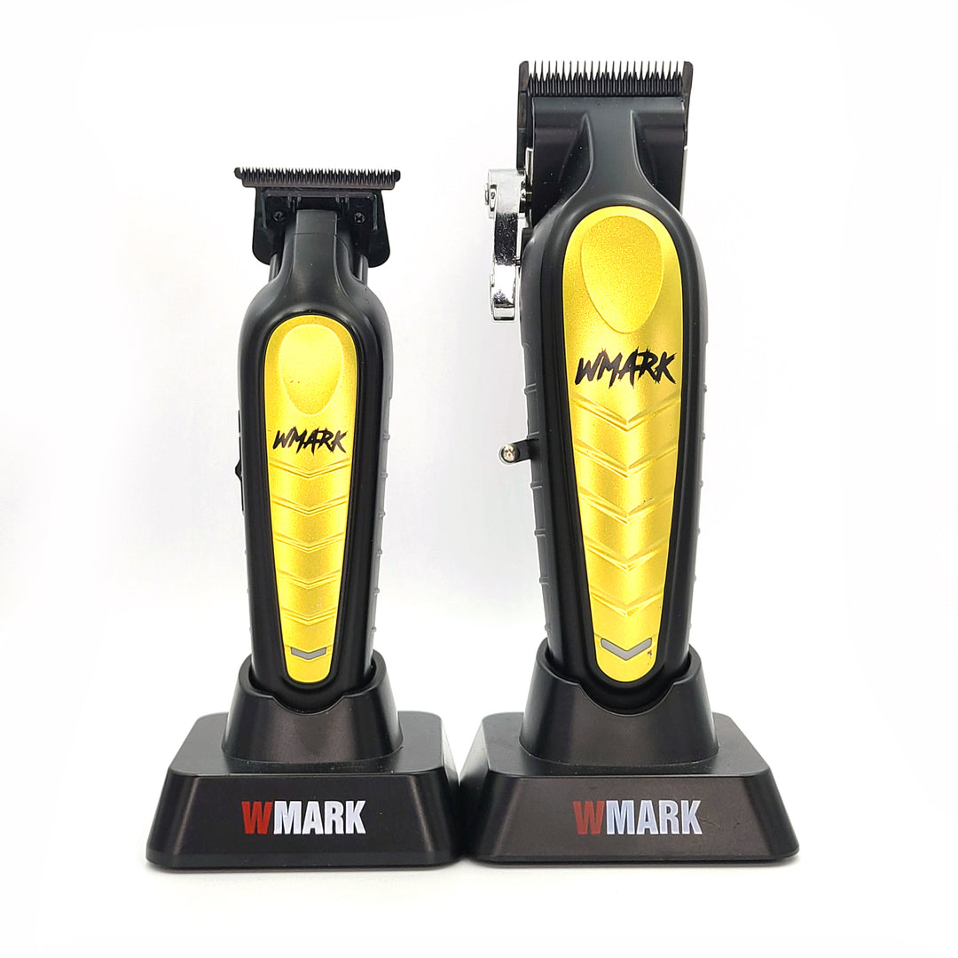 WMARK NG-138 Clipper and NG-338 Trimmer Combo in Black/Gold – Rechargeable Professional Barber Kit