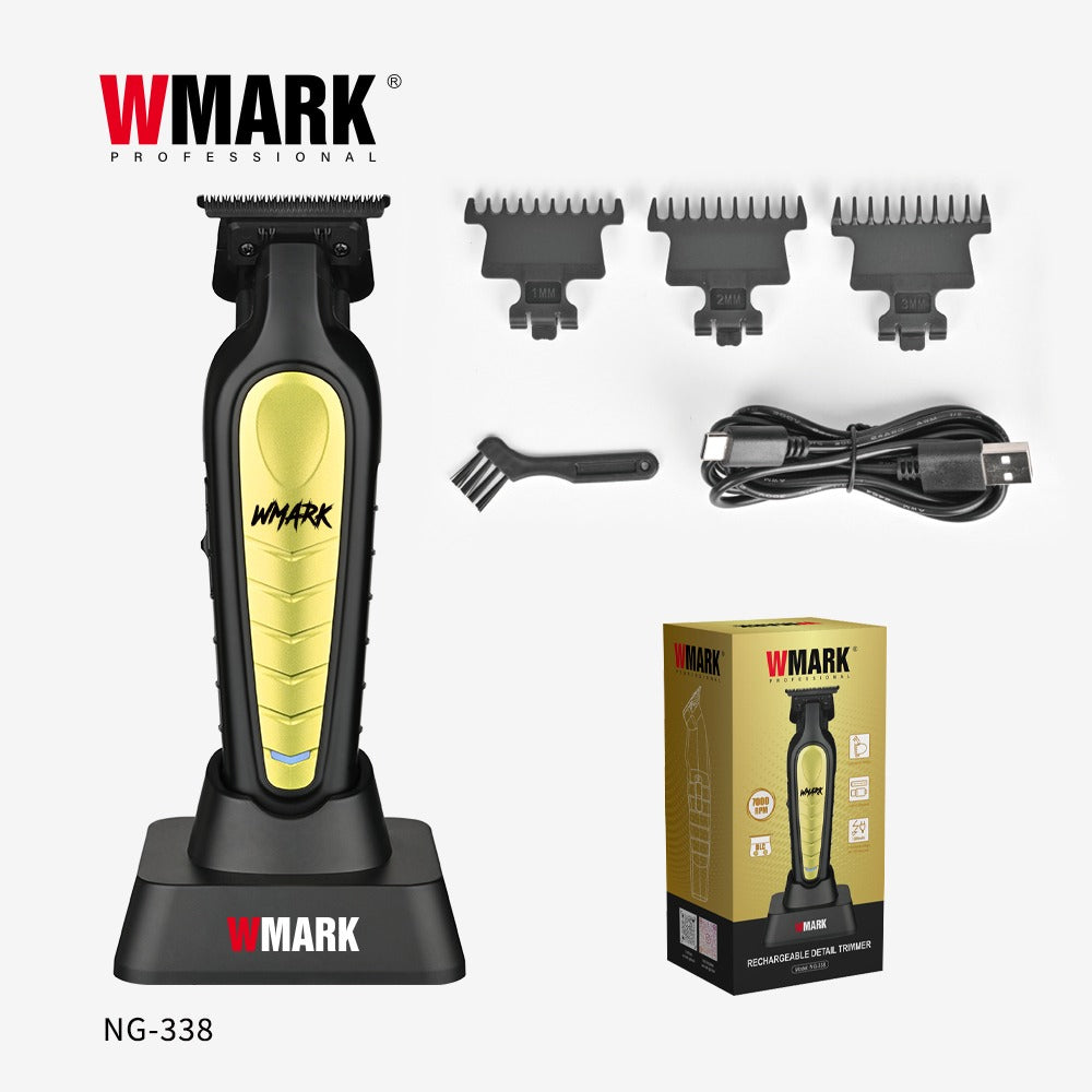 WMARK NG-338 Trimmer in Black/Gold with guards, USB-C charging cable, cleaning brush, and packaging
