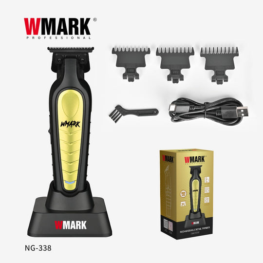 WMARK NG-338 Trimmer in Black/Gold with guards, USB-C charging cable, cleaning brush, and packaging