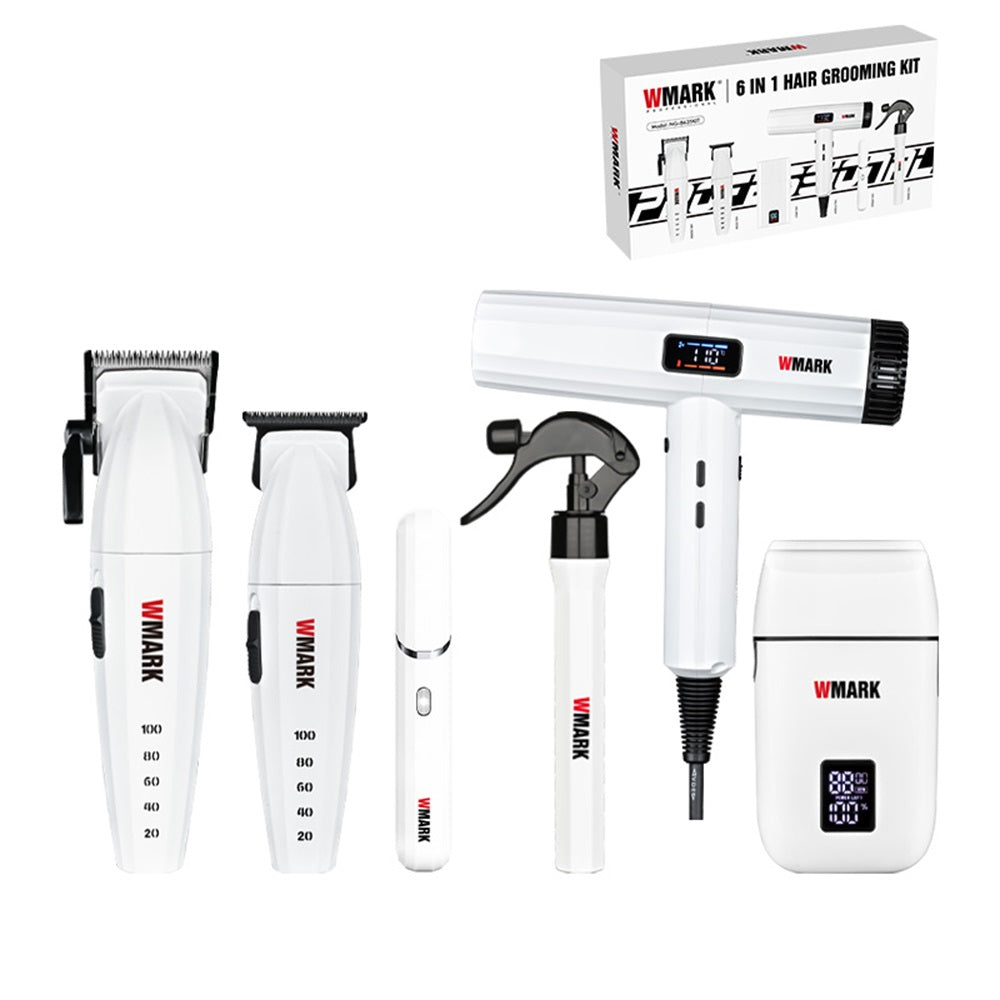WMARK NG-8635KIT 6-in-1 professional barber grooming kit including cordless hair clipper, detail trimmer, foil shaver, hair dryer, nose trimmer and spray bottle