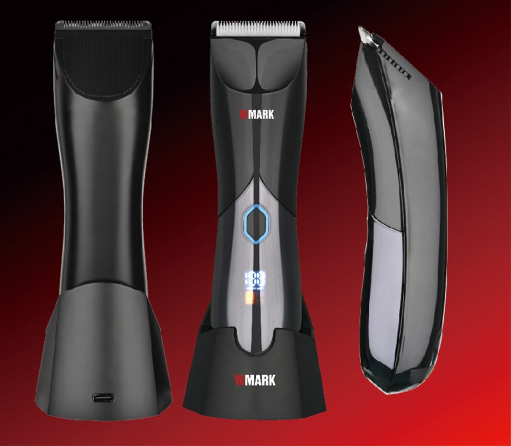 WMARK NG-BT001 body hair trimmer with stainless steel blade, ceramic moving blade, LED battery display and black finish.
