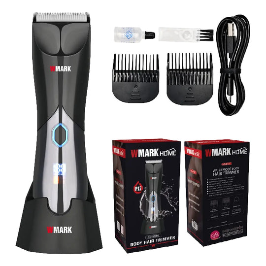 WMARK NG-BT001 waterproof body hair trimmer with charging stand, guide combs and accessories