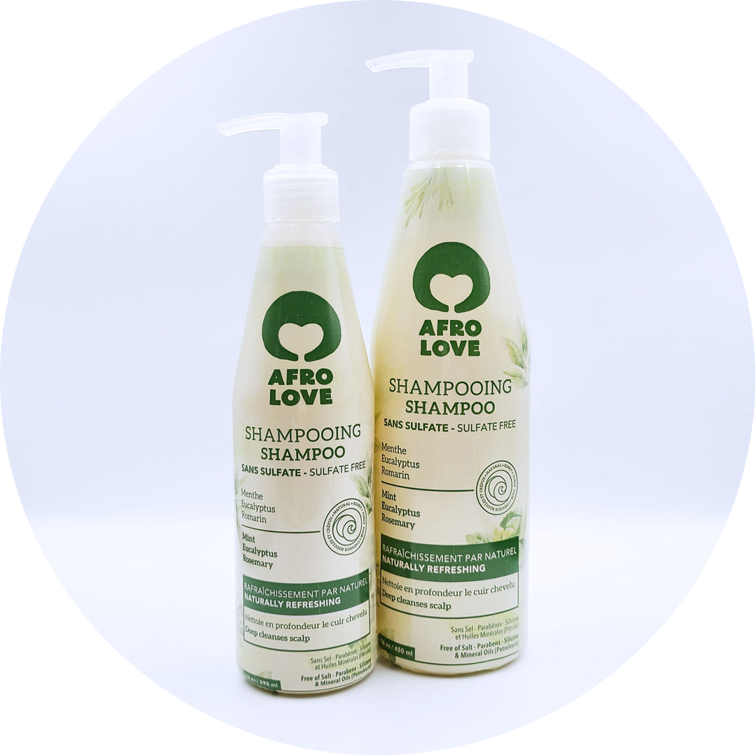 Afro Love Mint Shampoo bottle front view of 10 oz and 16 oz bottles